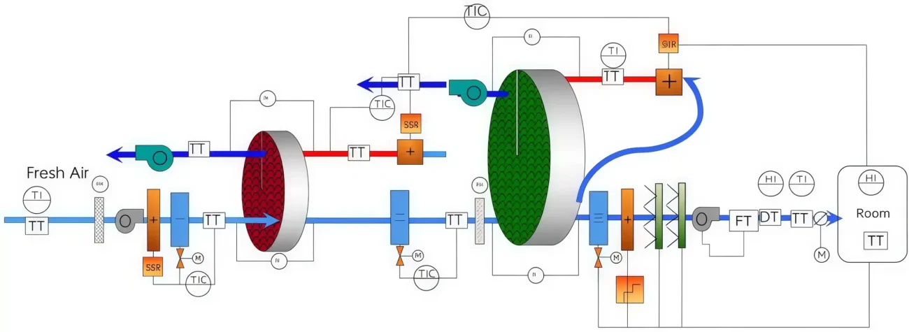 PID control flow schematic of two-stage rotary desiccant wheel dehumidifier, showing complete air handling and automatic temperature humidity control logic for industrial dry room applications from Fengxing factory