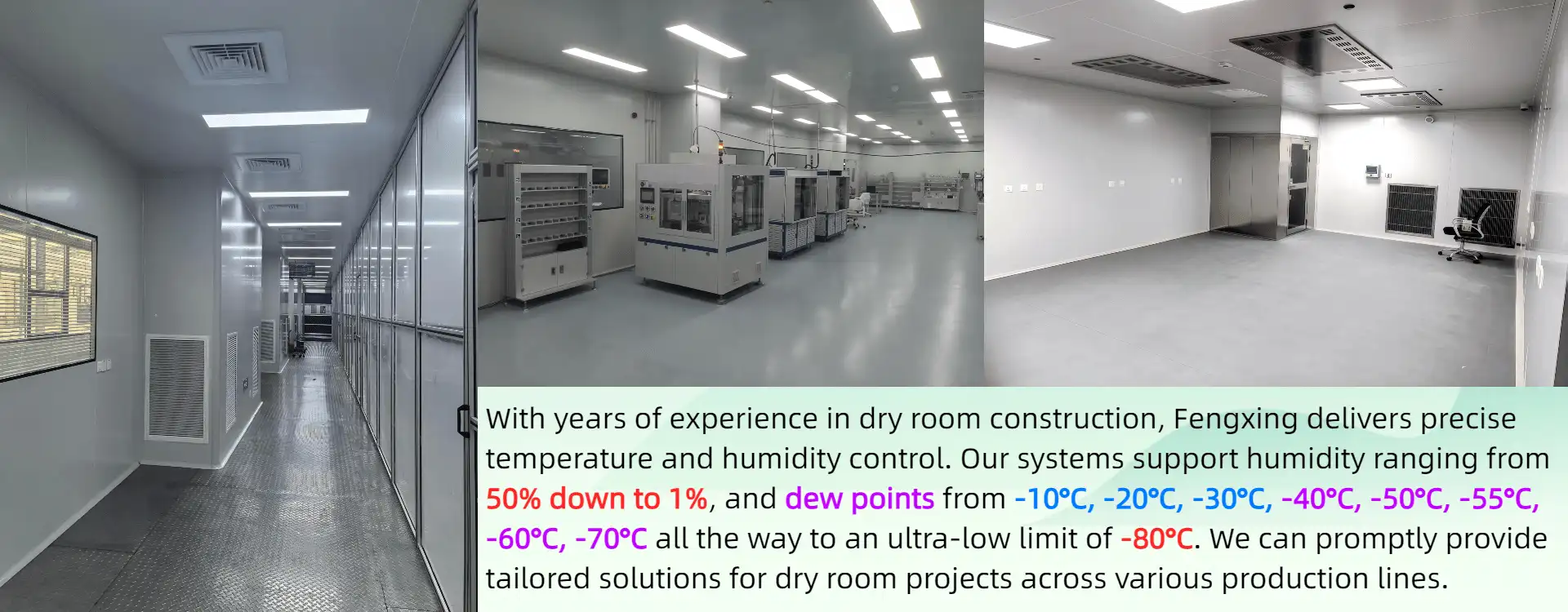 Custom lithium-ion battery dry room workshop with precise 1%-50%RH humidity and -10°C to -80°C dew point control