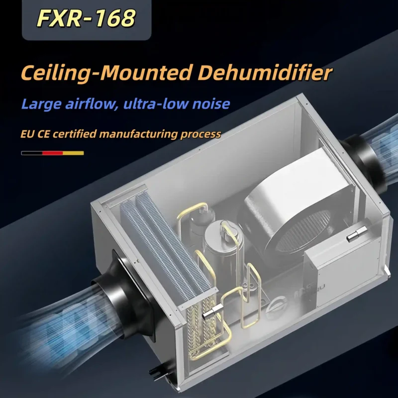 3D cutaway rendering of Fengxing FXR-168 large capacity ceiling dehumidifier, showing internal evaporator, compressor, fan and pipeline structure, high airflow design for factory workshop, large warehouse and commercial storage humidity control