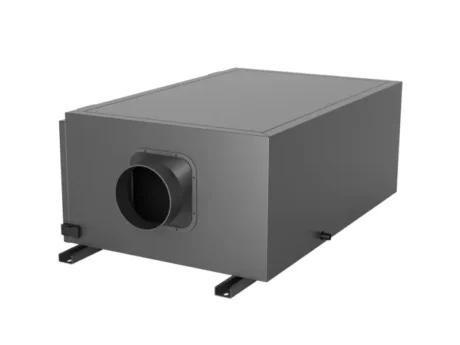 3D render of Fengxing FXR-200 ceiling concealed refrigerative dehumidifier, single round air duct outlet, with mounting brackets for hidden ceiling installation for large warehouse, factory workshop and commercial storage