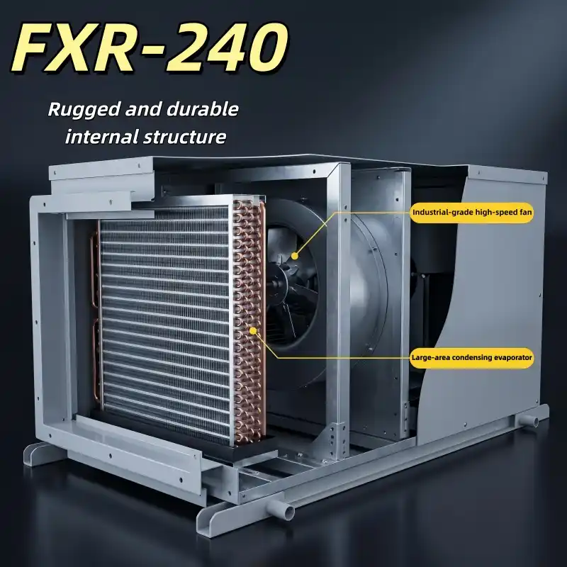 Unlabeled cutaway 3D render of Fengxing FXR-240 heavy-duty ceiling ducted dehumidifier, showing large evaporator, condenser, industrial fan and reciprocating compressor internal layout