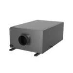 3D render of Fengxing FXR-26 ceiling concealed refrigerative dehumidifier, single round air duct outlet, with mounting brackets for hidden ceiling installation in archives, storage rooms and offices