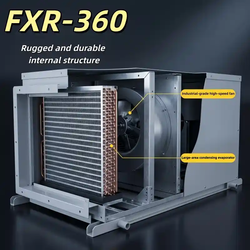 Unlabeled cutaway 3D render of Fengxing FXR-360 heavy-duty ceiling ducted dehumidifier, large evaporator, condenser, industrial fan and reciprocating compressor internal layout