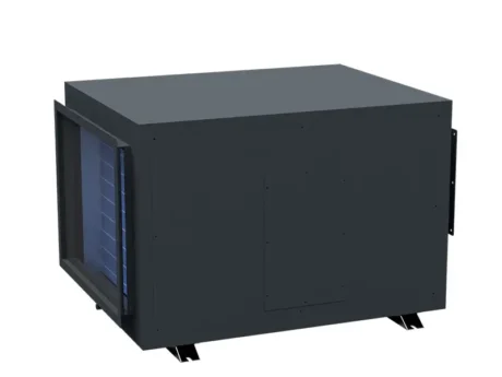 Side view 3D rendering of Fengxing FXR-360 overhead concealed dehumidifier, large air inlet with exposed evaporator cooling coil structure, high-efficiency condensation and heat exchange design for large warehouse, factory, indoor swimming pool and agricultural greenhouse for large space humidity control