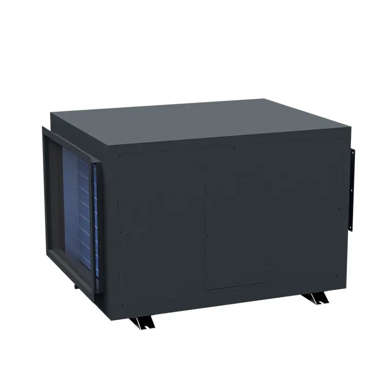 Fengxing FXR-360 Ceiling Ducted Dehumidifier Side View Large Air Inlet with Exposed Evaporator Cooling Coil 3D Render Side view 3D rendering of Fengxing FXR-360 overhead concealed dehumidifier, large air inlet with exposed evaporator cooling coil structure, high-efficiency condensation and heat exchange design for large warehouse, factory, indoor swimming pool and agricultural greenhouse for large space humidity control