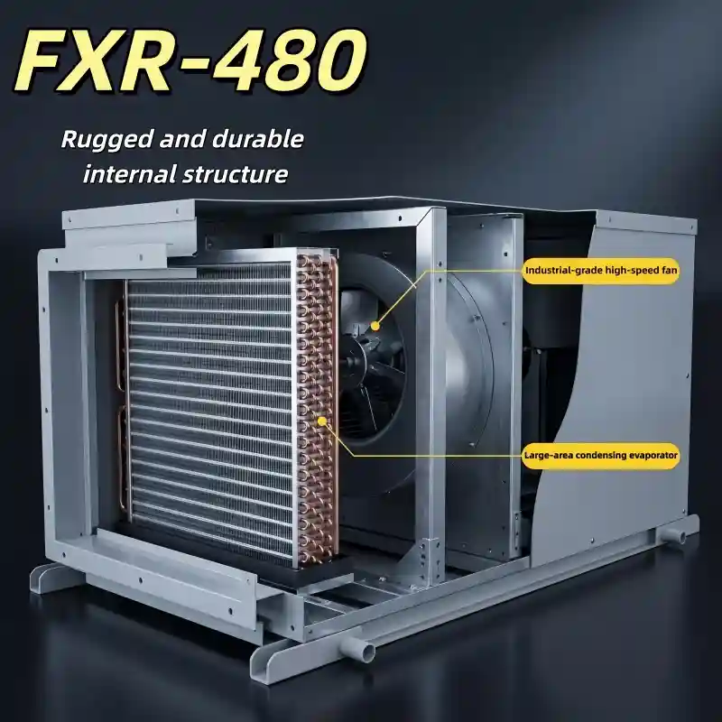 Marked cutaway 3D render of Fengxing FXR-480 heavy industrial ceiling dehumidifier, oversized evaporator, condenser and high-speed industrial fan internal layout for factory, warehouse, swimming pool and greenhouse