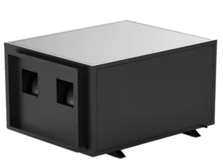 3D render of Fengxing FXR-480 heavy-duty ceiling concealed refrigerative dehumidifier, side view with dual square air outlet and fixed hanging brackets, designed for large warehouse, factory, indoor swimming pool and agricultural greenhouse for large space humidity control