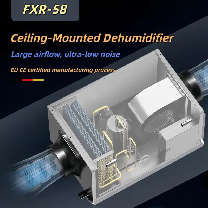 3D cutaway rendering of Fengxing FXR-58 ceiling mounted dehumidifier, showing internal evaporator, rotary compressor, fan and pipeline structure, ultra low noise design for office, archive and small storage room humidity control