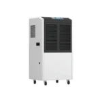Left oblique full view 3D rendering of Fengxing FXRI-150 vertical floor industrial dehumidifier, portable wheeled design with large front air outlet grille, ideal for light industrial production spaces and commercial storage humidity management