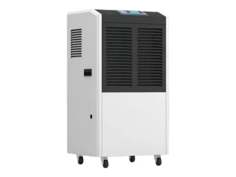 Left oblique full view 3D rendering of Fengxing FXRI-150 vertical floor industrial dehumidifier, portable wheeled design with large front air outlet grille, ideal for light industrial production spaces and commercial storage humidity management
