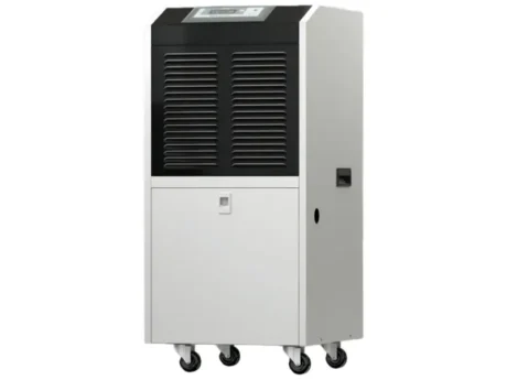 Right oblique side 3D render of Fengxing FXRI-150 wheeled floor standing industrial dehumidifier, vertical movable cabinet with top control panel and 4 universal casters, medium dehumidification capacity for commercial warehouse, small workshop and indoor swimming pool moisture control