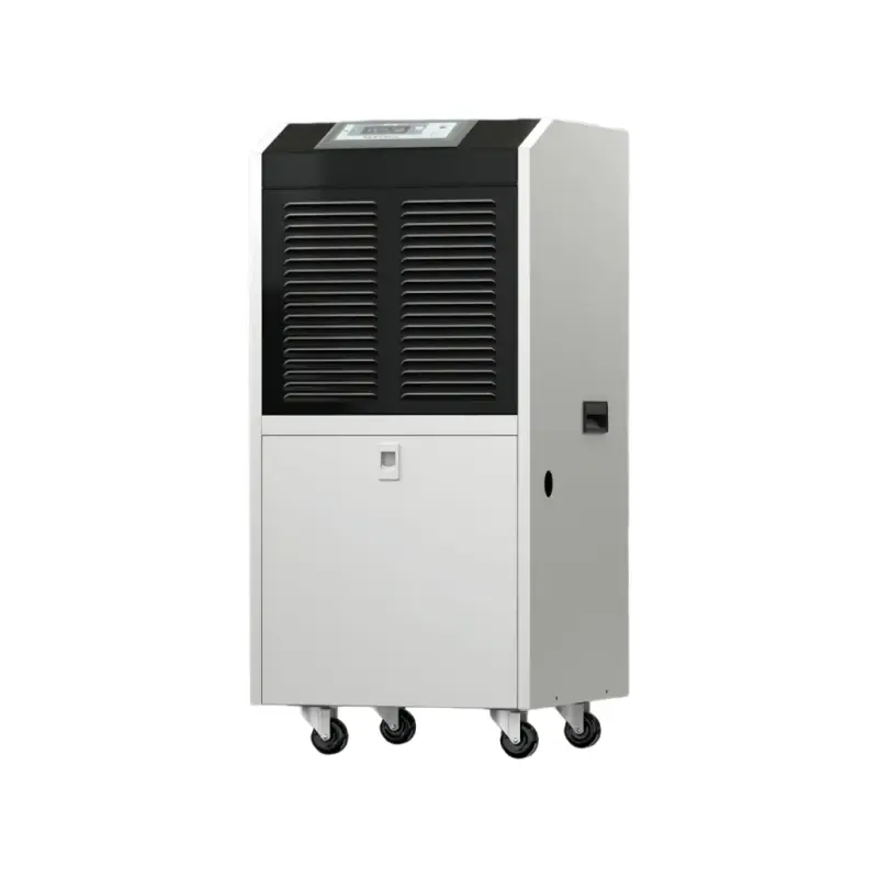 Fengxing FXRI-150 Floor Standing Wheeled Commercial Industrial Refrigerative Dehumidifier Right Oblique Side 3D Render Right oblique side 3D render of Fengxing FXRI-150 wheeled floor standing industrial dehumidifier, vertical movable cabinet with top control panel and 4 universal casters, medium dehumidification capacity for commercial warehouse, small workshop and indoor swimming pool moisture control