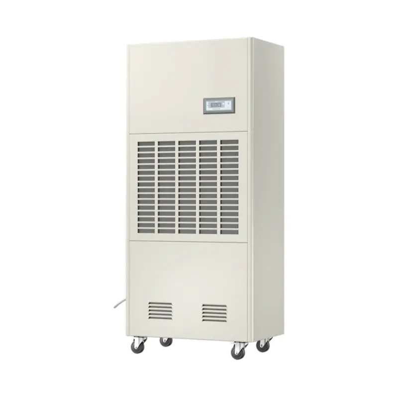 Fengxing FXRI-168 Floor Standing Heavy Commercial Industrial Refrigerative Dehumidifier Right Oblique Side 3D Render Right oblique side 3D render of Fengxing FXRI-168 wheeled floor standing industrial dehumidifier, vertical movable cabinet with top digital control panel and 4 heavy-duty universal casters, medium-large dehumidification capacity for medium-sized processing workshops, commercial swimming pools and medium industrial storage warehouses
