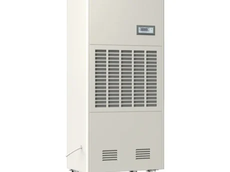 Left oblique full view 3D rendering of Fengxing FXRI-210 vertical floor industrial dehumidifier, portable wheeled design with extra-large front air intake grille, stable constant humidity performance for medium commercial spaces and mid-size manufacturing workshops