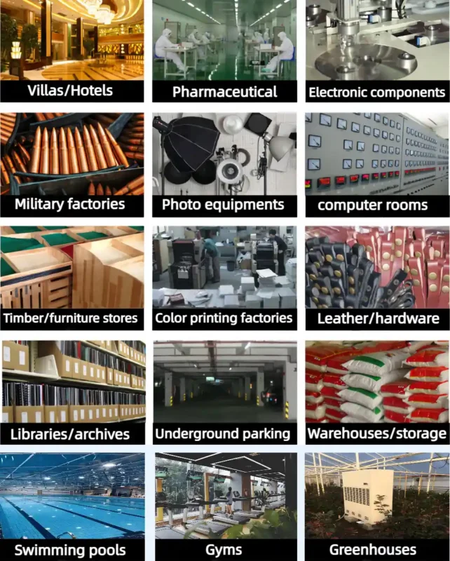 Multi-scene collage of Fengxing FXRI-240 medium capacity floor dehumidifier, showing application effects in villa hotel, pharmaceutical clean room, electronic component workshop, printing factory, leather processing plant, archive library, underground parking, indoor swimming pool, gym and agricultural greenhouse, ideal for 160-200㎡ medium commercial & light industrial spaces