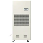 Front main view 3D render of Fengxing FXRI-240 floor standing mobile industrial dehumidifier, full wide front air intake louver and intelligent top control screen, continuous 24h operation for medium factory workshops, commercial aquatic venues and medium storage warehouses