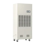 Left oblique full view 3D rendering of Fengxing FXRI-240 vertical floor industrial dehumidifier, portable wheeled design with extra-large front air intake grille, stable constant humidity performance for medium commercial spaces and mid-size manufacturing workshops