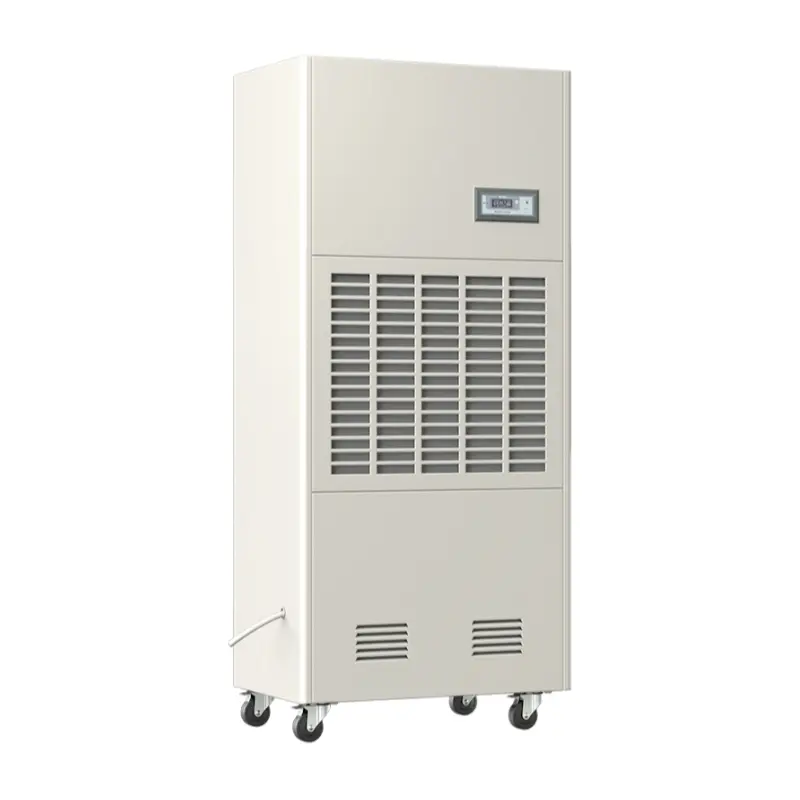 Left oblique full view 3D rendering of Fengxing FXRI-240 vertical floor industrial dehumidifier, portable wheeled design with extra-large front air intake grille, stable constant humidity performance for medium commercial spaces and mid-size manufacturing workshops
