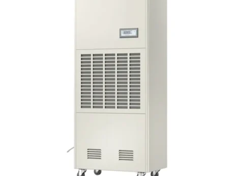 Right oblique side 3D render of Fengxing FXRI-240 wheeled floor standing industrial dehumidifier, vertical movable cabinet with top digital control panel and 4 heavy-duty universal casters, medium-large dehumidification capacity for medium-sized processing workshops, commercial swimming pools and medium industrial storage warehouses