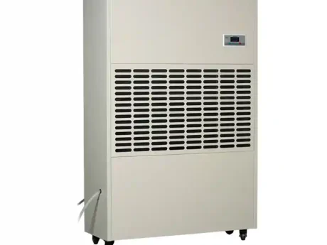Left oblique full view 3D rendering of Fengxing FXRI-360 vertical floor industrial dehumidifier, portable wheeled design with extra-large front air intake grille, stable constant humidity performance for medium commercial spaces and mid-size manufacturing workshops