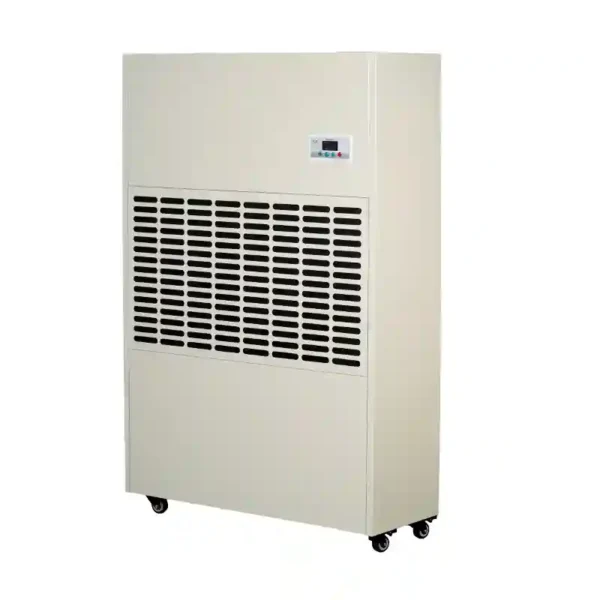Right oblique side 3D render of Fengxing FXRI-360 wheeled floor standing industrial dehumidifier, vertical movable cabinet with top digital control panel and 4 heavy-duty universal casters, medium-large dehumidification capacity for medium-sized processing workshops, commercial swimming pools and medium industrial storage warehouses