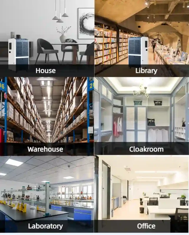 Multi-scene application collage of Fengxing FXRI wheeled light commercial industrial dehumidifier, showing actual usage effects in household room, library, small storage warehouse, cloakroom, laboratory and office, light-duty dehumidification unit specially designed for small and light commercial spaces