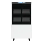 Front main view 3D render of Fengxing FXRI-60 floor standing portable industrial dehumidifier, full front air intake louver and top digital display, plug-and-play mobile unit for retail storage, small factory and indoor leisure swimming pool