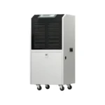 Right oblique side 3D render of Fengxing FXRI-70 wheeled floor standing industrial dehumidifier, vertical movable cabinet with top control panel and 4 universal casters, medium dehumidification capacity for commercial warehouse, small workshop and indoor swimming pool moisture control