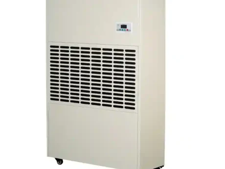Right oblique side 3D render of Fengxing FXRI-720 heavy-duty wheeled floor standing industrial dehumidifier, reinforced vertical cabinet with large digital control panel and load-bearing universal casters, ultra-large dehumidification output for large manufacturing factories, lithium battery workshops, public large swimming pools and agricultural