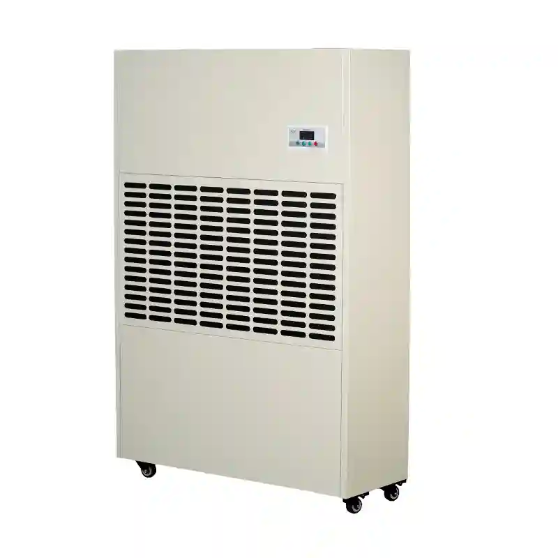 Right oblique side 3D render of Fengxing FXRI-720 heavy-duty wheeled floor standing industrial dehumidifier, reinforced vertical cabinet with large digital control panel and load-bearing universal casters, ultra-large dehumidification output for large manufacturing factories, lithium battery workshops, public large swimming pools and agricultural