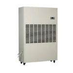 Left oblique full view 3D rendering of Fengxing FXRI-960 vertical heavy industrial dehumidifier, reinforced wheeled mobile structure with oversized air intake grille, long-term non-stop operation for heavy industrial production lines and large industrial storage facilities