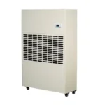 Right oblique side 3D render of Fengxing FXRI-960 heavy-duty wheeled floor standing industrial dehumidifier, reinforced vertical cabinet with large digital control panel and load-bearing universal casters, ultra-large dehumidification output for large manufacturing factories, lithium battery workshops, public large swimming pools and agricultural greenhouses
