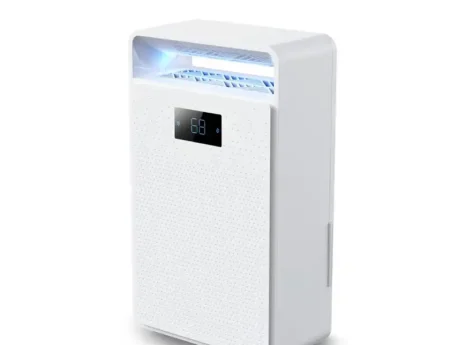 Side perspective of FXRH-450ml household mini refrigerative dehumidifier, blue indicator light on top air outlet, portable lightweight body for indoor moisture control