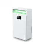 Full side view of FXRH-450ml mini home refrigerative dehumidifier, green working indicator light on top air outlet, quiet low noise design for household use
