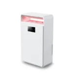 Side shot of FXRH-450ml portable refrigerative dehumidifier, red ambient light at top air vent, perforated front panel for efficient air intake