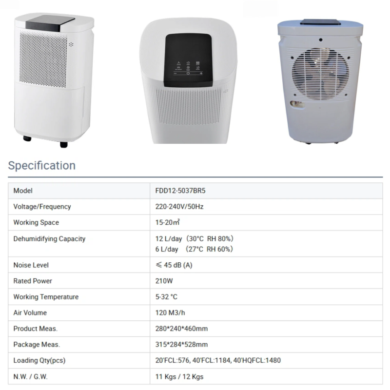 FXRH series 10-12L dehumidifier model 1, front top rear three views, full technical specification chart, movable universal wheels, OEM custom brand support, low price home dehumidifier with air filter