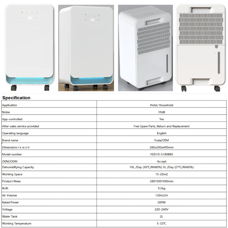 FXRH series 10-12L touch dehumidifier model 10 with colorful ambient light four-side display, reusable air filter, optional App control, full export certifications for OEM global shipment