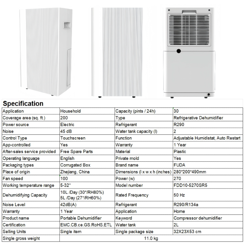 FXRH series 10-12L vertical touch control home dehumidifier model 2, multi-angle display with full parameter sheet, optional app control, air filter equipped, OEM factory custom for global buyers