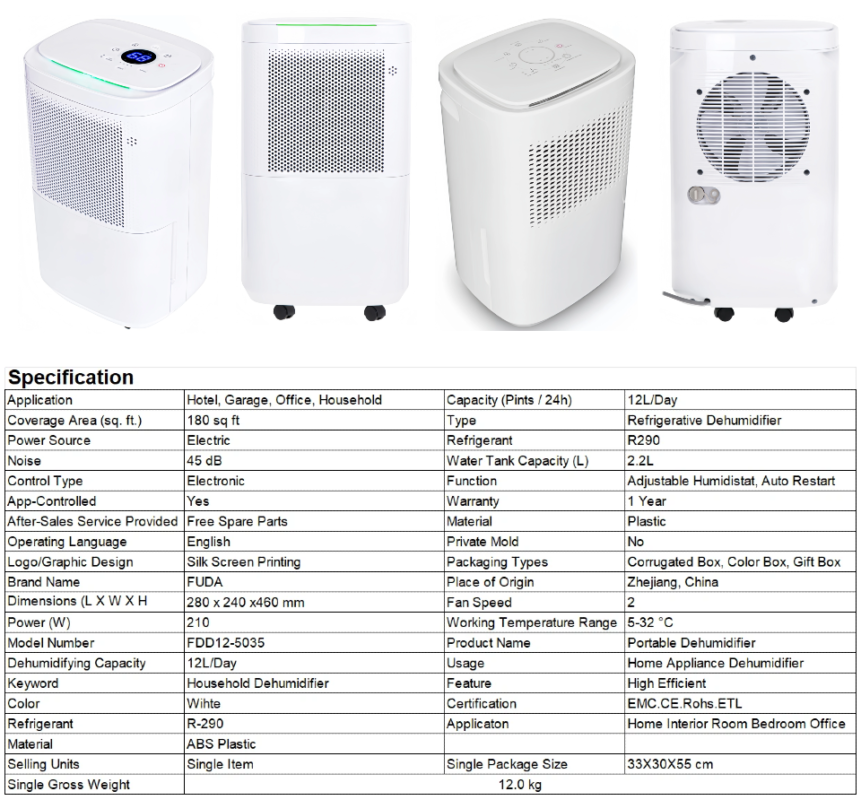FXRH series 10-12L portable dehumidifier model 3 four-sided complete display, full specs with 2.2L water tank, low noise, built-in air filter, OEM shell color & logo custom