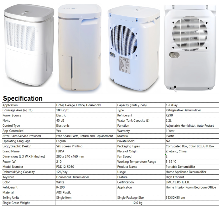 FXRH series 10-12L minimalist white home dehumidifier model 4 four-angle product shots, continuous drainage function, washable air filter, OEM logo & packaging customization