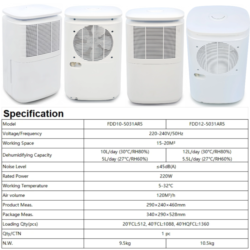 FXRH series dual capacity 10L & 12L dehumidifier model 5 same outer shell different compressor, unified spec sheet, reusable air filter, OEM customization acceptable