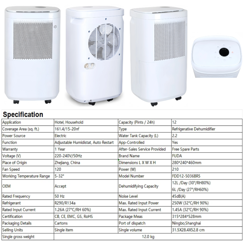 FXRH series 10-12L dehumidifier model 6 large digital humidity screen multi-angle product shots, washable air filter, factory direct OEM custom brand, complete after-sales spare parts