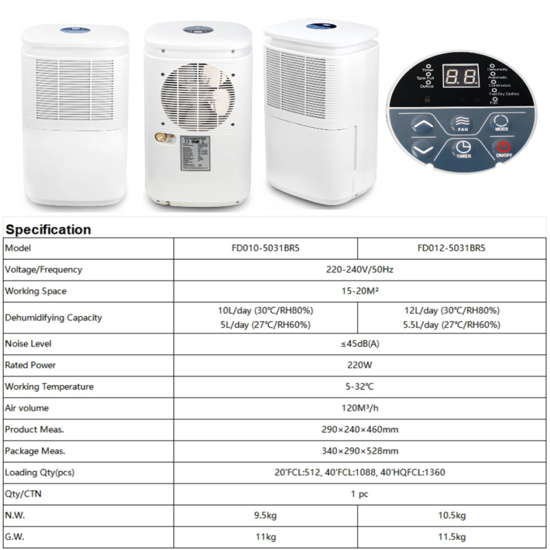 FXRH series 10-12L dehumidifier model 8 separate independent control panel three-side display, removable air filter, OEM silk screen logo printing and customized packaging box