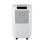 FXRH series 10-12L portable refrigerative home dehumidifier style 1 full front view, dense dot air intake panel, top black control cover, movable casters for easy moving, OEM custom brand labeling available