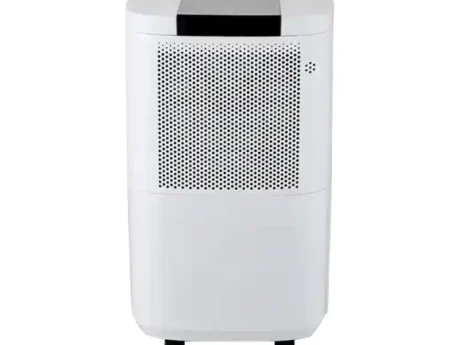 FXRH series 10-12L portable refrigerative home dehumidifier style 1 full front view, dense dot air intake panel, top black control cover, movable casters for easy moving, OEM custom brand labeling available