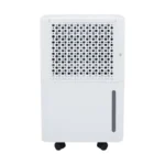 FXRH series 10-12L household refrigerative dehumidifier style 12, dense dot air intake grille, side visible water tank window, bottom universal wheels, compact white body for bedroom, office and hotel moisture absorption, OEM packaging customization supported
