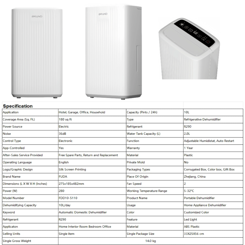 FXRH series 10L vertical stripe minimalist white dehumidifier model13 three-side overview, 36dB ultra quiet, built-in air filter, OEM custom logo packaging ambient light