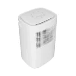 3D angle view of FXRH series 10-12L mini household dehumidifier style 3, top integrated rotary operation panel, side perforated air inlet, compact oval shape for small room moisture removal