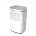 Complete front view of FXRH series 10-12L dehumidifier style 4 with silver top cover and horizontal grille air outlet, large detachable water tank at bottom, energy-saving refrigerative dehumidification system