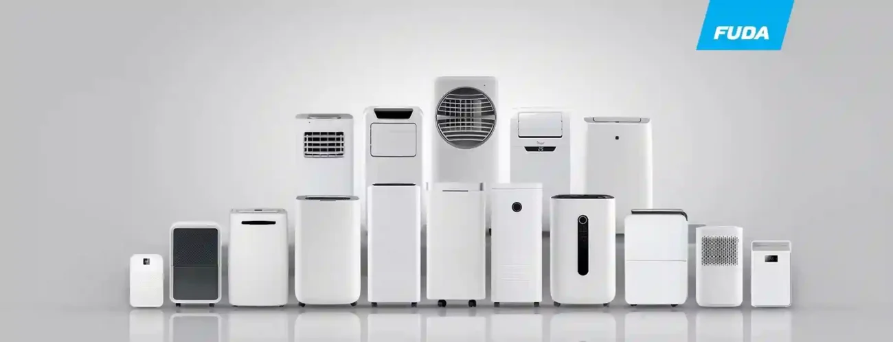 Complete FUDA FXRH series refrigerative dehumidifiers lineup, mini portable home models, medium household machines, large commercial & industrial drying dehumidifiers for all moisture removal demand